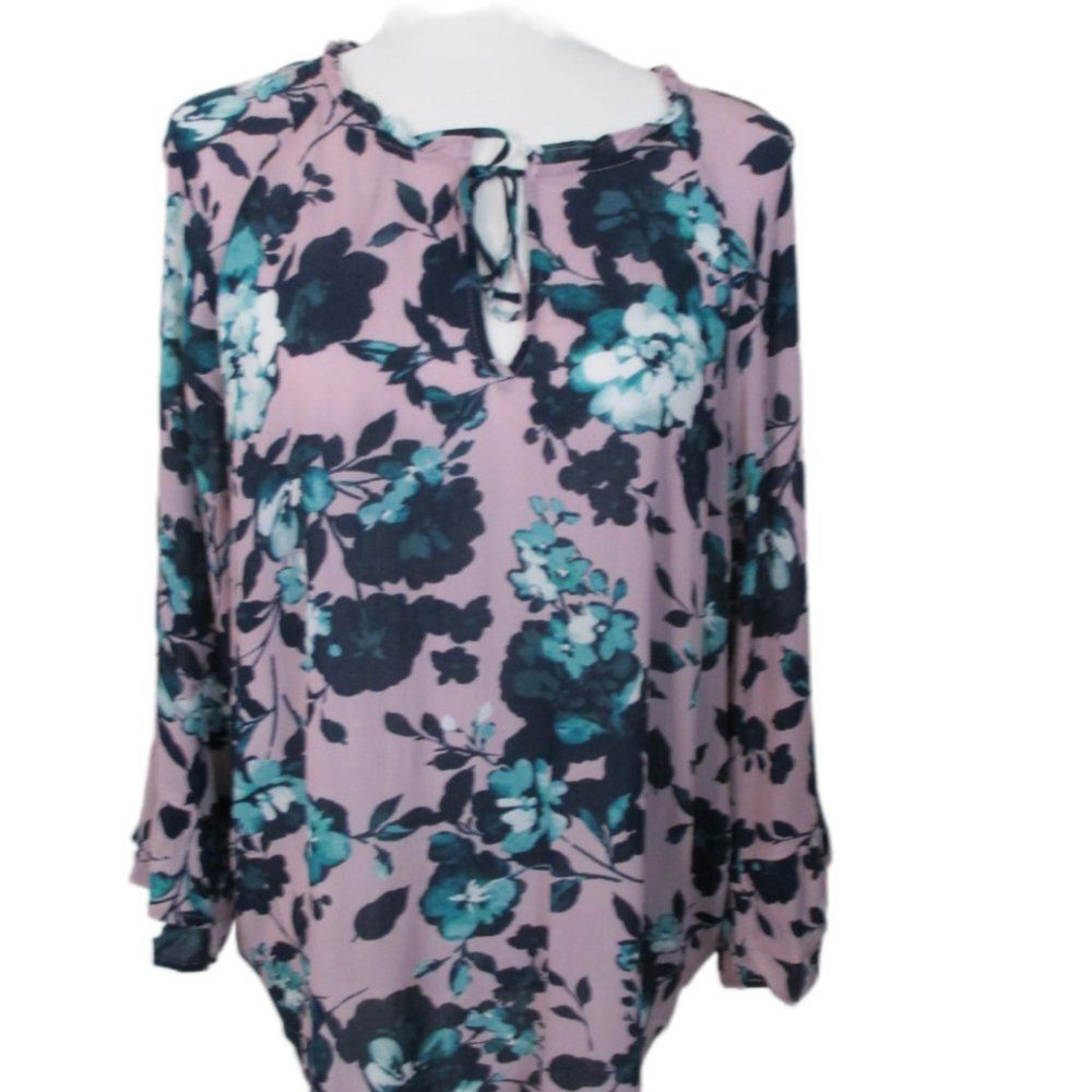 J. Jill Pink Floral Rayon Long Bell Sleeve Tie Neck Top Size L